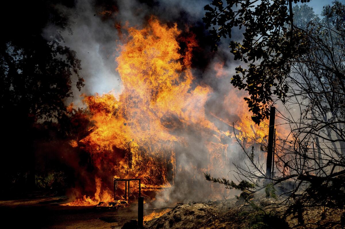 Flames from the Oak Fire consume a home on Triangle Road in Mariposa County, Calif., Saturday, July 23, 2022. (AP Photo/Noah Berger)