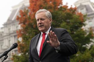 FILE - White House former chief of staff Mark Meadows speaks with reporters at the White House, Wednesday, Oct. 21, 2020, in Washington. Meadows appeared by videoconference, Friday, June 7, 2024, in Phoenix, pleading not guilty to nine felony charges stemming from their roles in an effort to overturn Trump's election loss in Arizona to Joe Biden. (AP Photo/Alex Brandon, File)