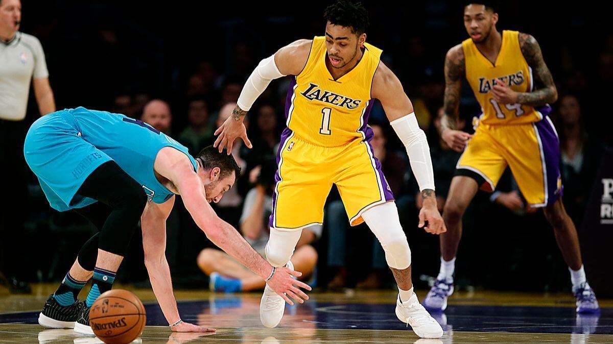 Lakers guard D'Angelo Russell (1) steals the ball from Hornets center Frank Kaminsky during first half action at Staples Center on Tuesday.