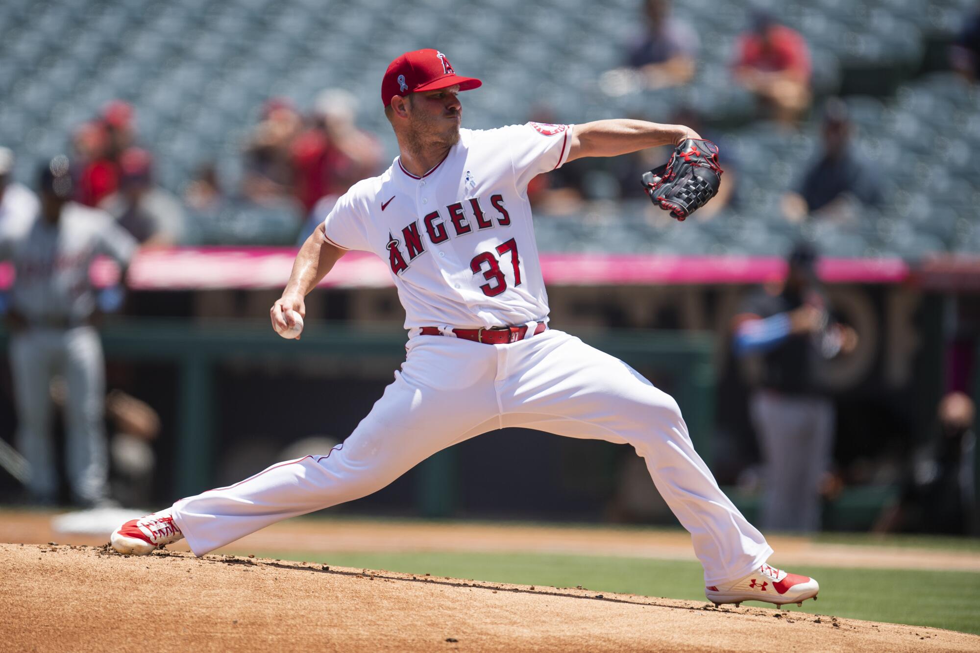 Angels starting pitcher Dylan Bundy delivers during the first inning against the Detroit Tigers on Sunday.