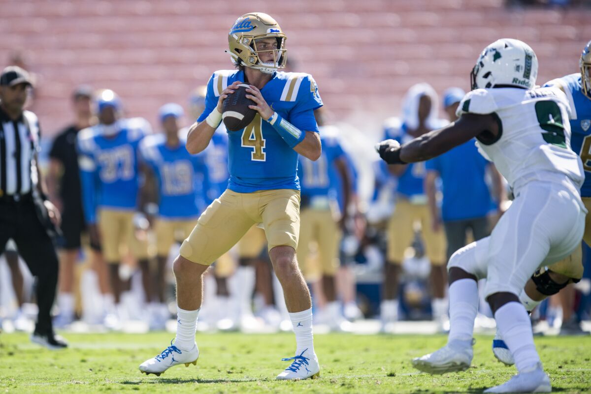 UCLA quarterback Ethan Garbers looks to pass against Hawaii on Aug. 28