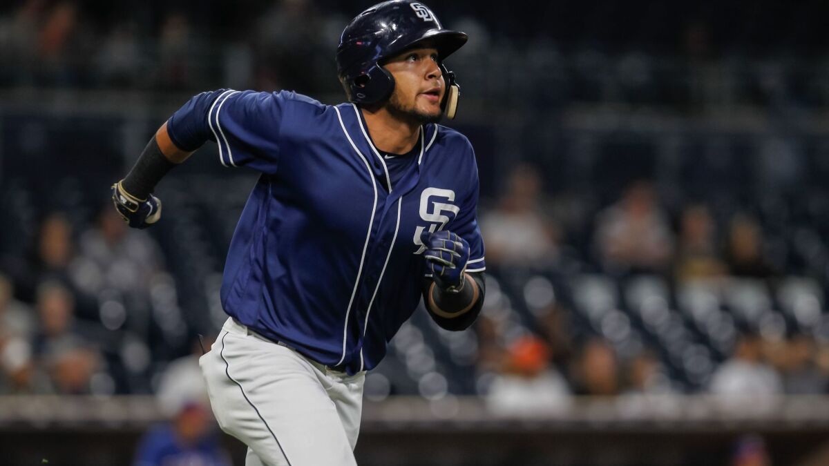 Padres minor league player Fernando Tatis runs to first during their game against Texas Rangers prospects on Saturday, Sept. 30, 2017, in San Diego, California.
