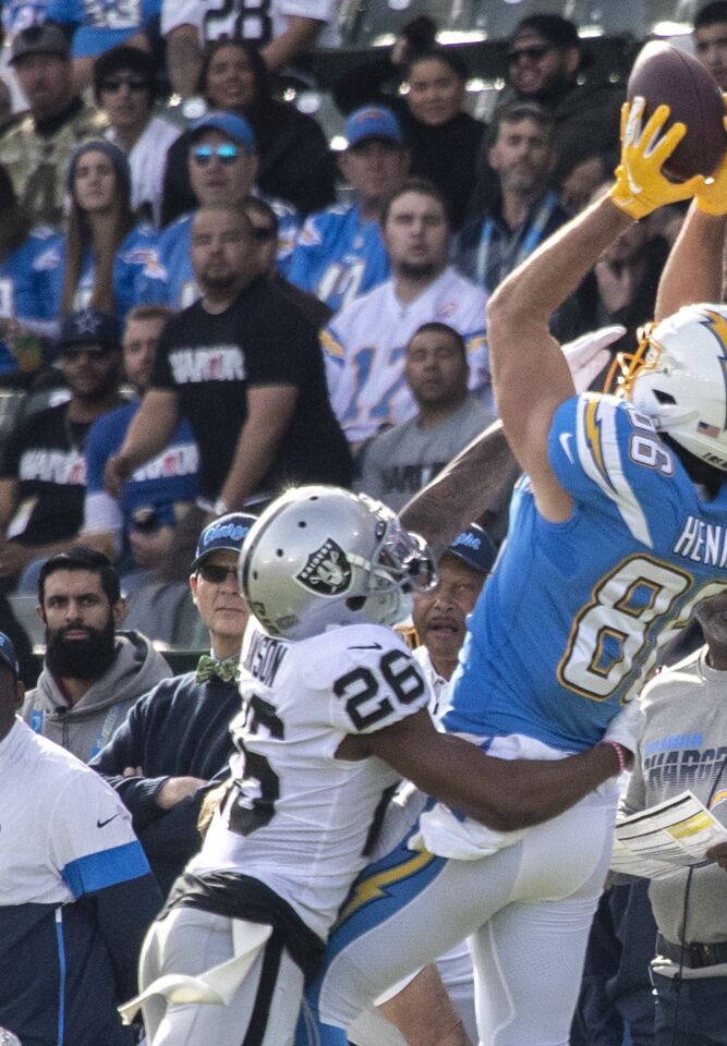 Chargers tight end Hunter Henry catches a pass over Oakland Raiders cornerback Nevin Lawson.