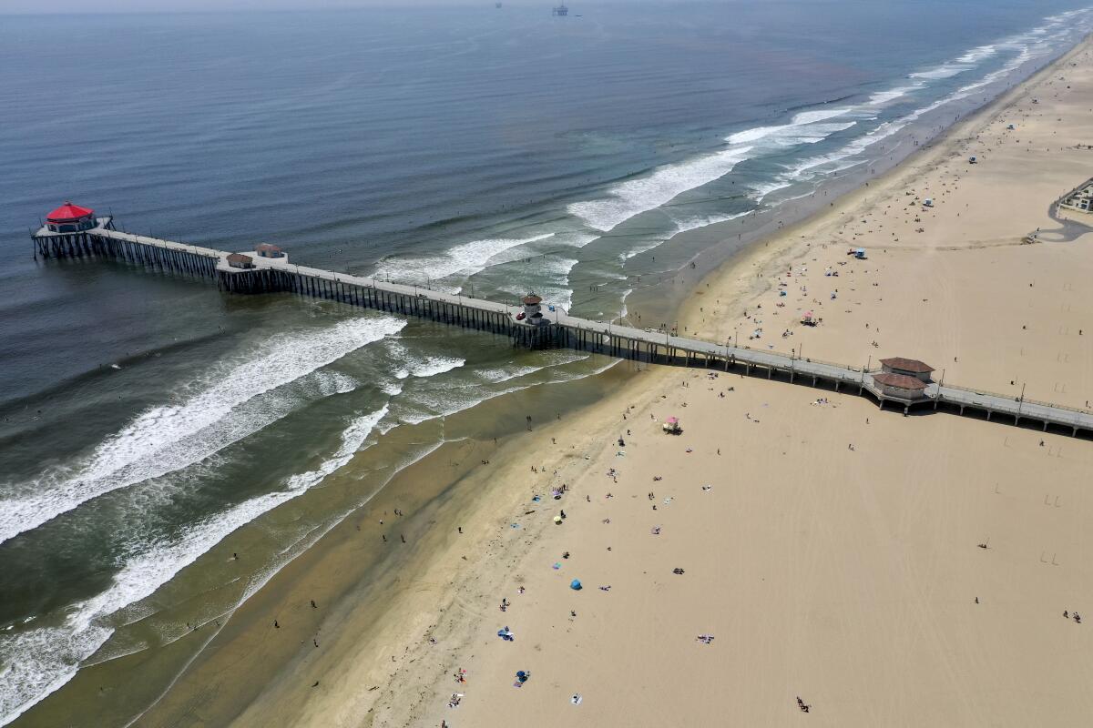 An aerial view of the Huntington Beach waterfront.