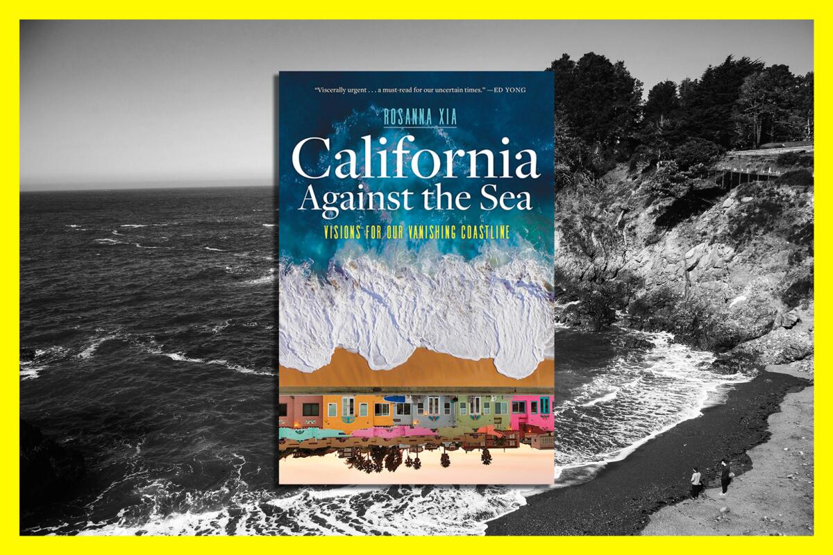 A book cover for "California Against the Sea" juxtaposed against a photo of a beach and cliff
