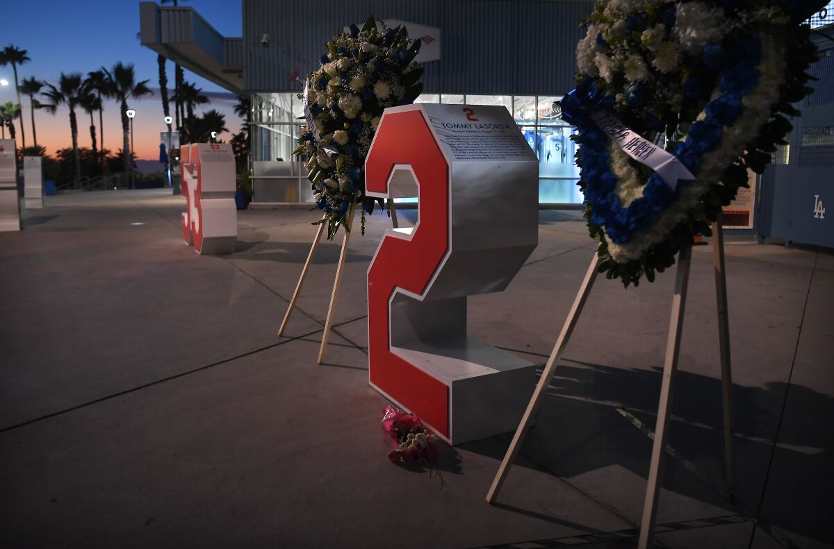 Dodgers legend Tommy Lasorda is honored at Dodger Stadium on Jan. 8, 2021, after the former manager died.