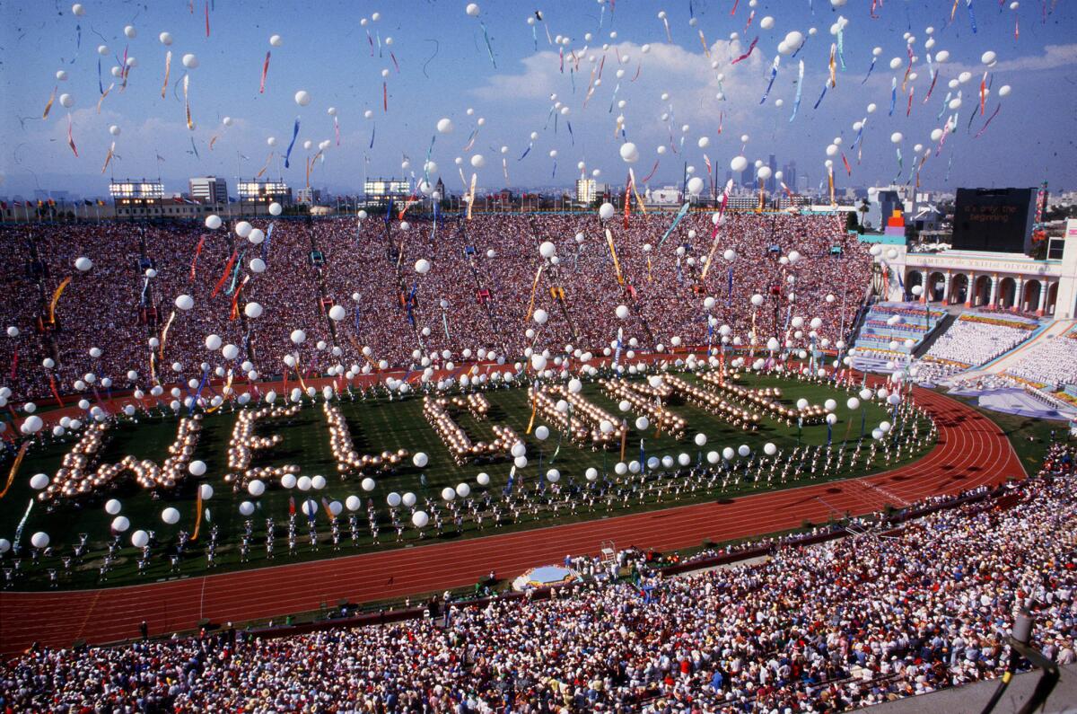July 28, 1984: The opening ceremony of the Olympic Games in 1984 saw balloons released from the Coliseum in Los Angeles.