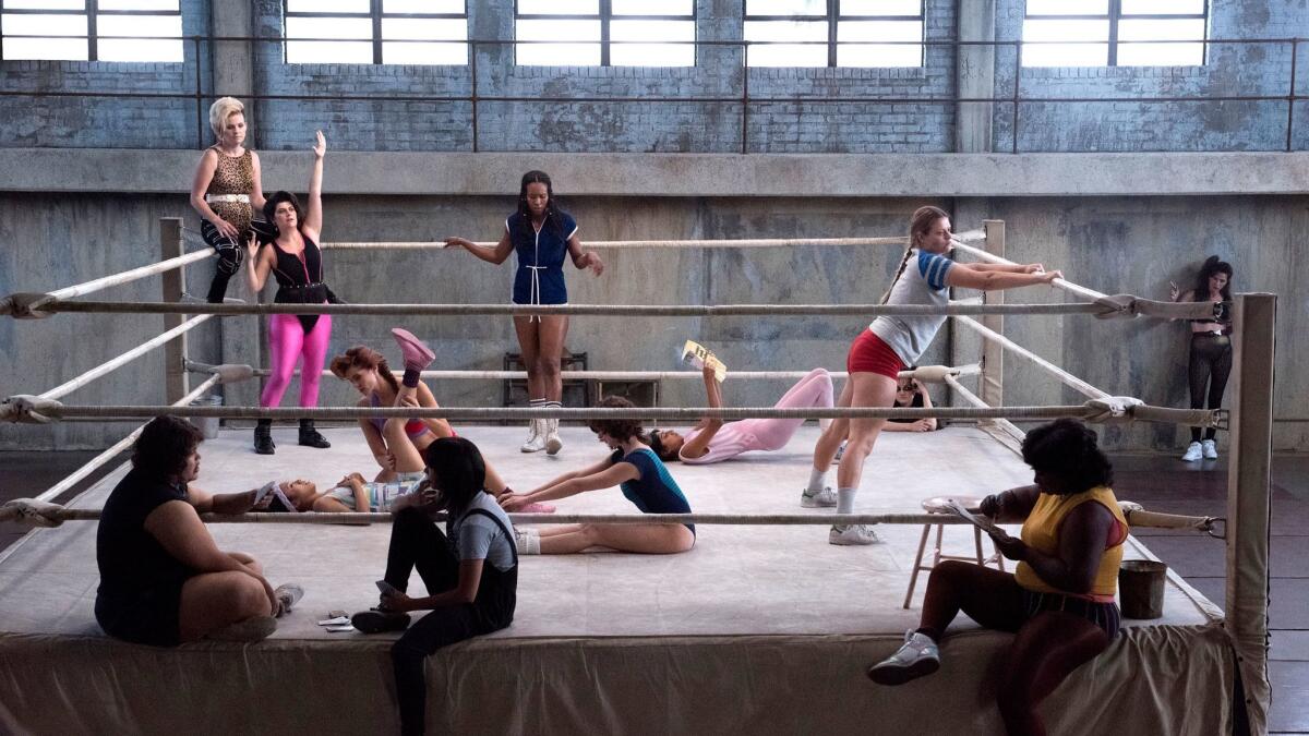 The cast of Netflix's wrestling comedy, "Glow." (Erica Parise / Netflix)