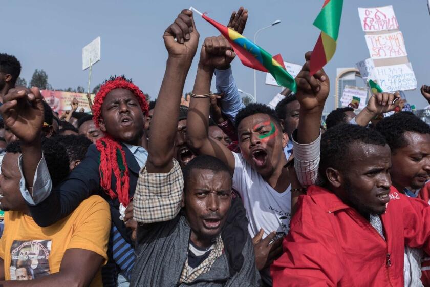Supporters of Ethiopia Prime Minister attend a rally on Meskel Square in Addis Ababa on June 23, 2018. A blast at a rally in Ethiopia's capital today in support of new Prime Minister Abiy Ahmed killed several people, state media quoted the premier as saying. / AFP PHOTO / YONAS TADESEYONAS TADESE/AFP/Getty Images ** OUTS - ELSENT, FPG, CM - OUTS * NM, PH, VA if sourced by CT, LA or MoD **