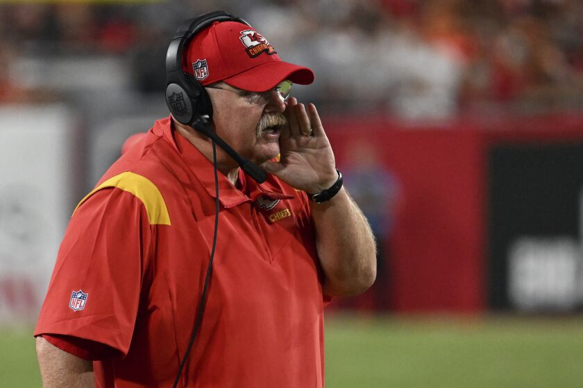 Kansas City Chiefs head coach Andy Reid directs his team during the second half of an NFL football game against the Tampa Bay Buccaneers Sunday, Oct. 2, 2022, in Tampa, Fla. (AP Photo/Jason Behnken)