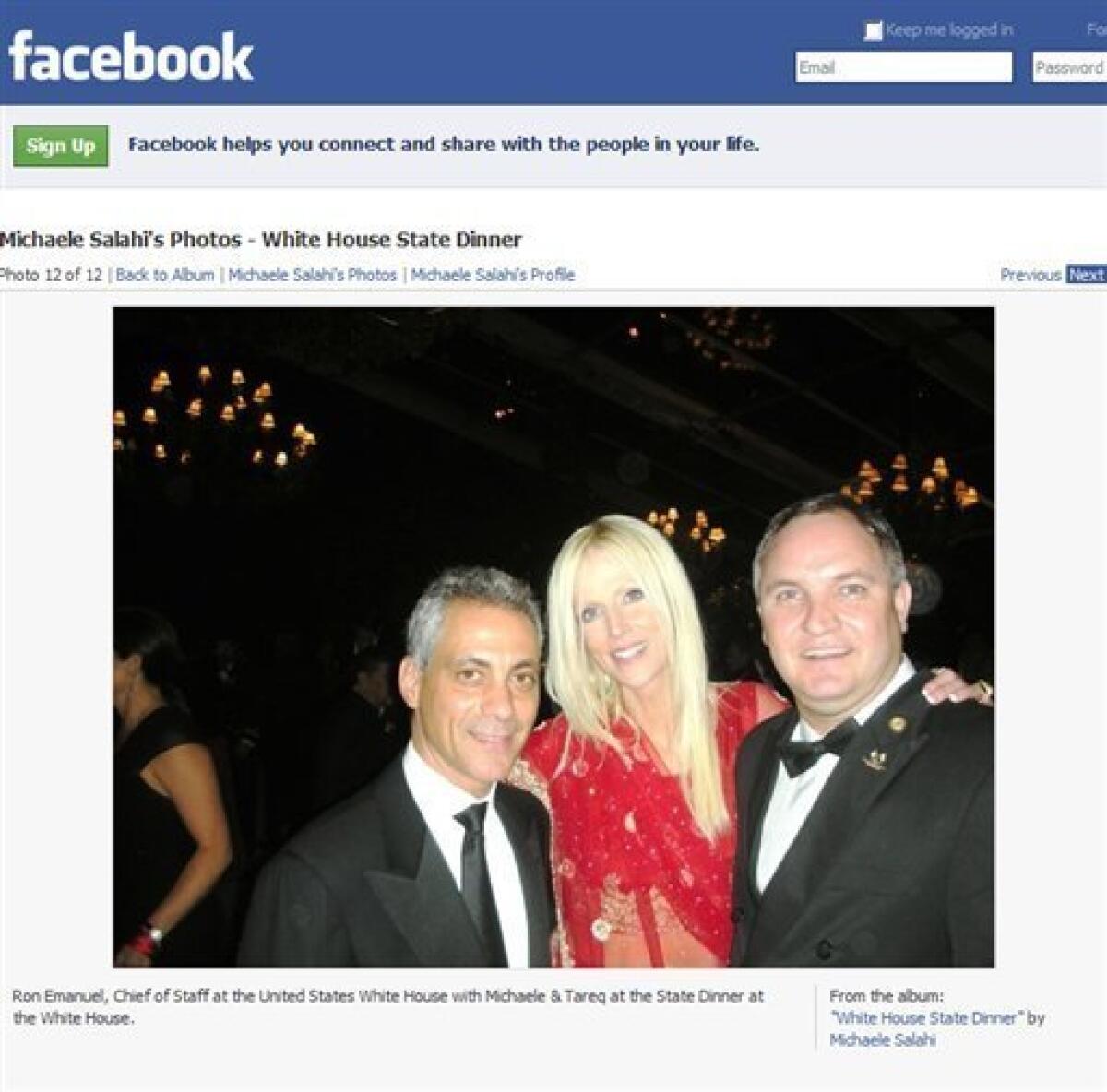 This screen image made from Michaele Salahi's Facebook page shows a photo of White House chief of staff Rahm Emanuel, left, with Michaele Salahi and Tareq Salahi, right, at the White House state dinner in Washington on Tuesday Nov. 24, 2009. The Secret Service is looking into its own security procedures after determining that a Virginia couple, Michaele and Tareq Salahi, managed to slip into Tuesday night's state dinner at the White House even though they were not on the guest list, agency spokesman Ed Donovan said. (AP Photo) NO SALES
