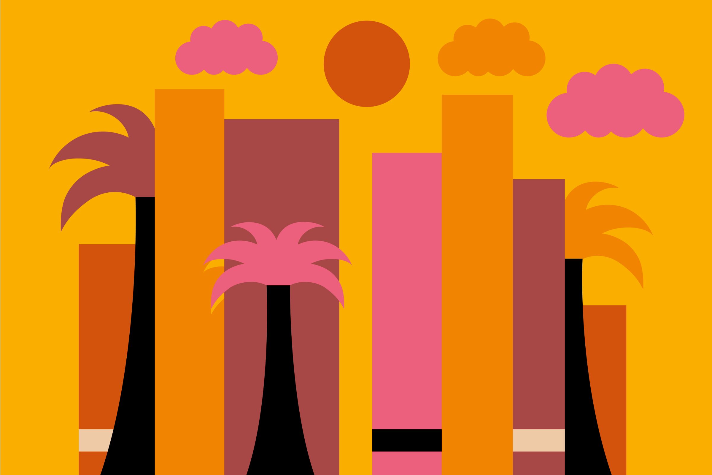 Illustration of the sun, clouds, palm trees and buildings