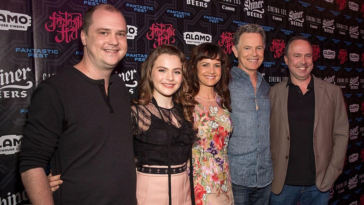Director Mike Flanagan, from left, with actors Chiara Aurelia, Carla Gugino, Bruce Greenwood and producer Trevor Macy at the premiere of "Gerald's Game" at Fantastic Fest in Austin, Texas.