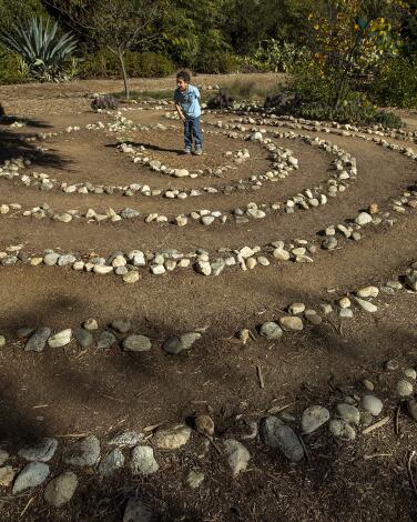 A little boy stands in a stone labyrinth.