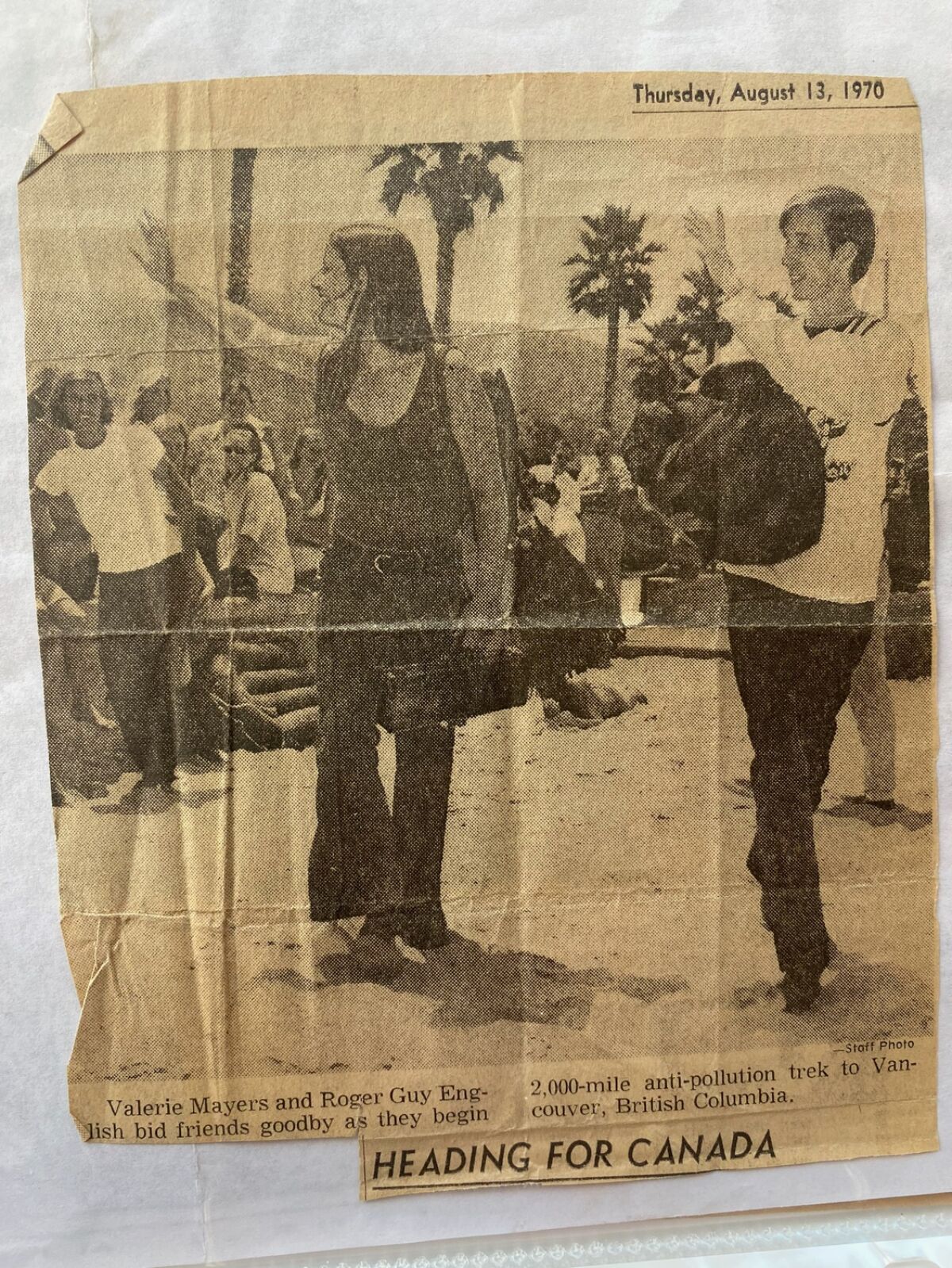 Roger Guy English and friend Valerie Mayers start their walk to Canada from La Jolla in 1970.