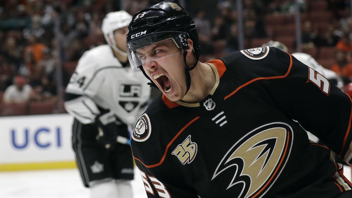Ducks rookie Max Comtois celebrates after scoring against the Kings during a preseason game on Sept. 26.