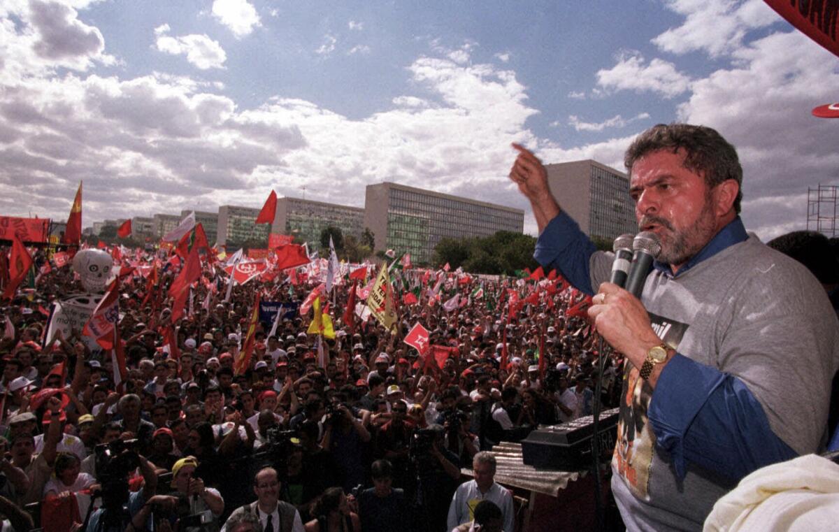 Brazil's Luiz Inacio Lula da Silva speaking during a protest against free-market reforms in 1999