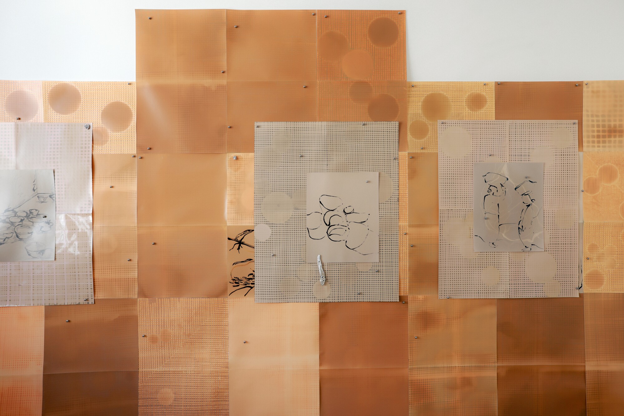 A series of photograms, collaged works featuring line drawings and cast rubber formations, is called “Mesoderm.”
