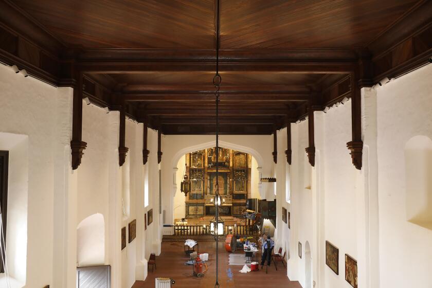 SAN GABRIEL, CA - SEPTEMBER 8, 2022: The San Gabriel Mission, which has yet to open since a fire tore through the building on July 11, 2020, undergoes renovations on Thursday, September 8, 2022. (Christina House / Los Angeles Times)