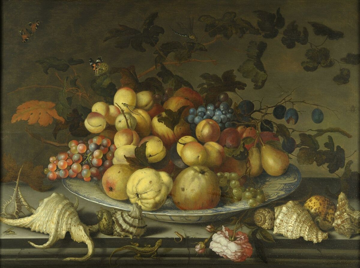 Balthasar van der Ast's (1593/94-1657) "Still Life with Peaches, Apples and Chinese Porcelain." Oil on canvas. On loan from the Grasset Collection
