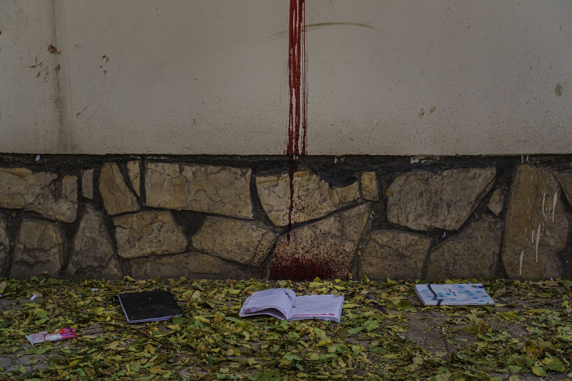 A stream of blood is seen pouring down an exterior wall of a classroom at Kabul University.