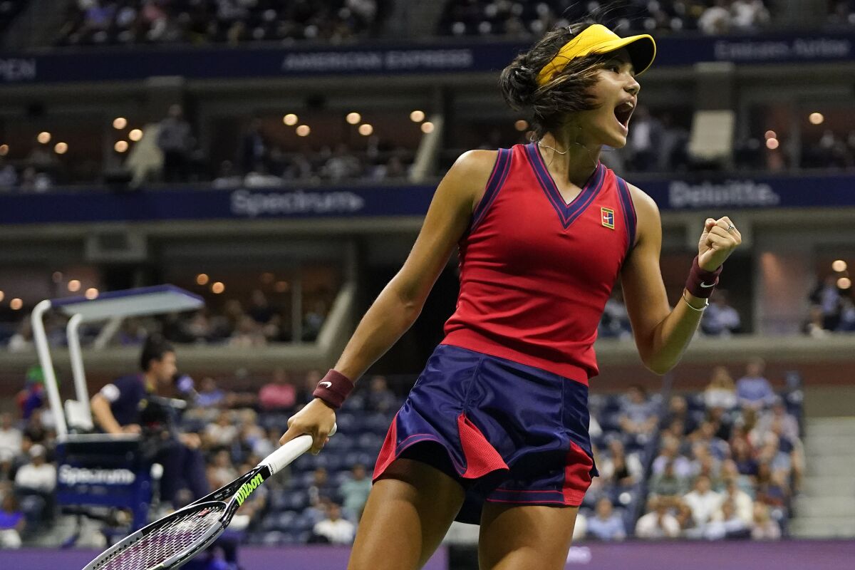 Emma Raducanu reacts after scoring a point against Maria Sakkari during the U.S. Open women's semifinals on Thursday.