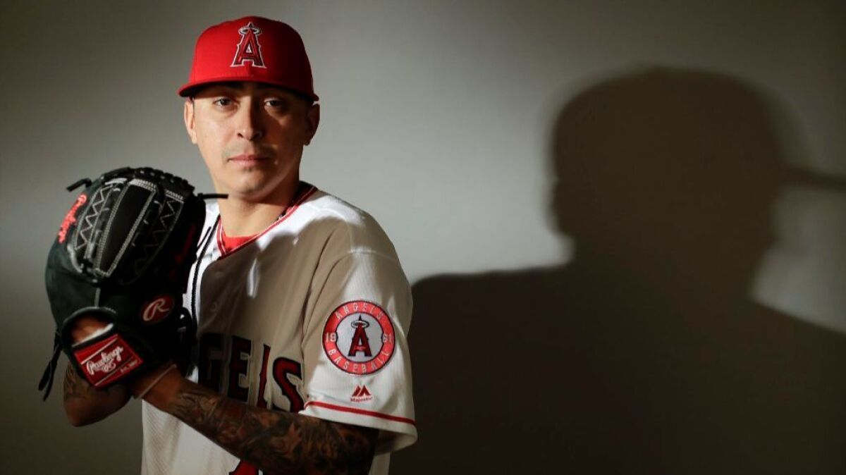 Angels pitcher Jesse Chavez poses for a portrait during spring training photo day on Feb. 21.