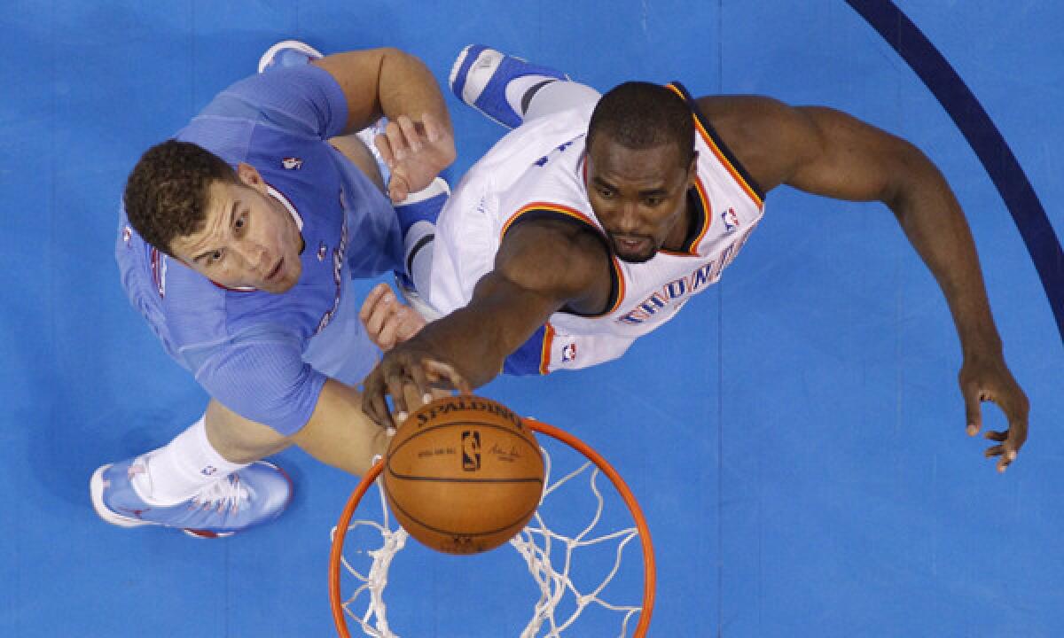 Oklahoma City Thunder forward Serge Ibaka dunks over Clippers forward Blake Griffin during the Clippers' 125-117 win Feb. 23. The Clippers know a win over the Thunder on Wednesday would go a long way in helping them finish ahead of Oklahoma City in the Western Conference.