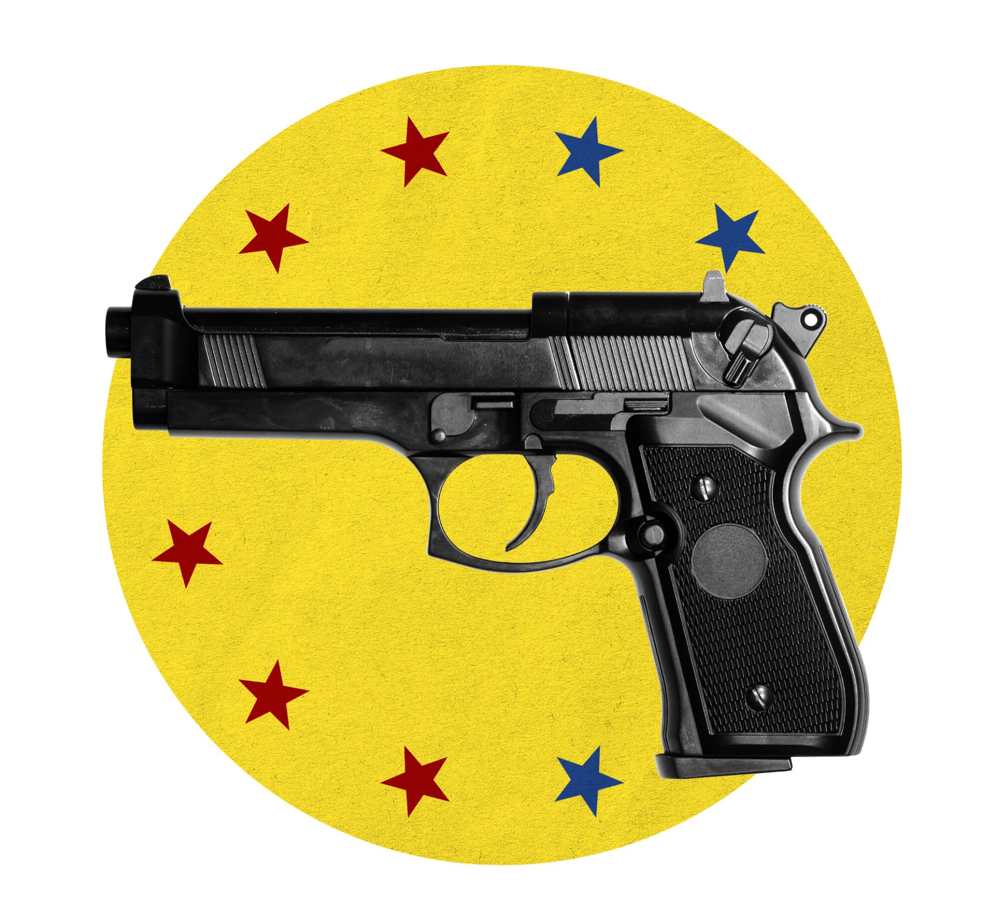 Photo of a gun in a yellow circle with stars