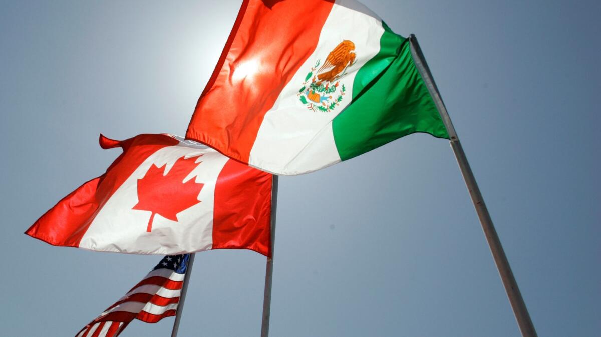 The national flags of the United States, Canada and Mexico. The North American Free Trade Agreement greatly eased trade barriers between the three countries.
