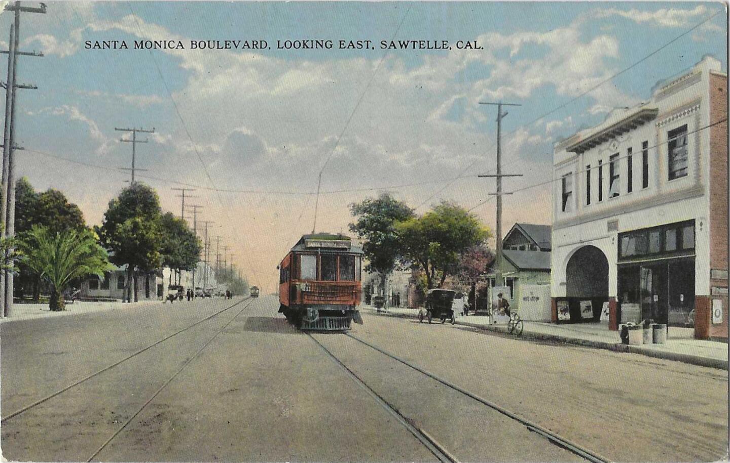 A streetcar runs along Santa Monica Boulevard in Sawtelle on this vintage postcard