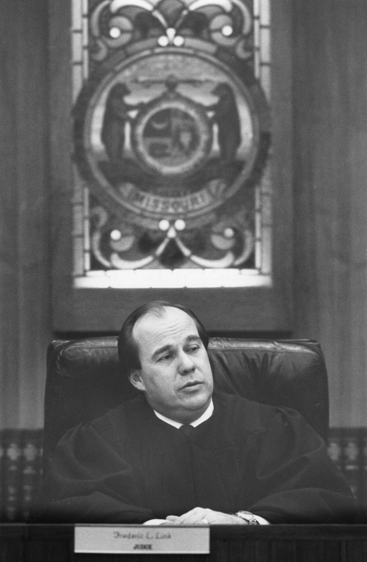 1986 black and white portrait of  Judge Frederic Link on the bench