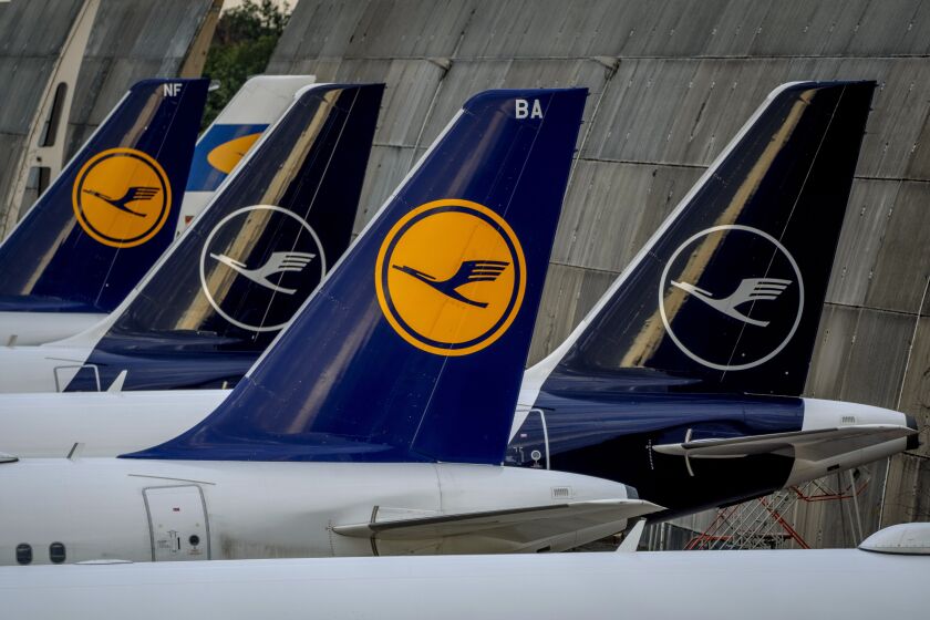 FILE - Lufthansa aircrafts are parked at the airport in Frankfurt, Germany, Friday, Sept.2, 2022. German news agency dpa says Lufthansa’s operations have been disrupted at Frankfurt airport because of technical problems, the dpa news agency reported Sunday, March 26, 2023. (AP Photo/Michael Probst, File)