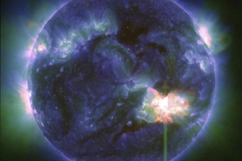 En esta imagen, proporcionada por la NASA, se muestra una llamarada solar, que aparece como un destello brillante abajo a la derecha, captada por el Observatorio de Dinámica Solar de la NASA el 9 de mayo de 2024. (NASA/SDO vía AP)