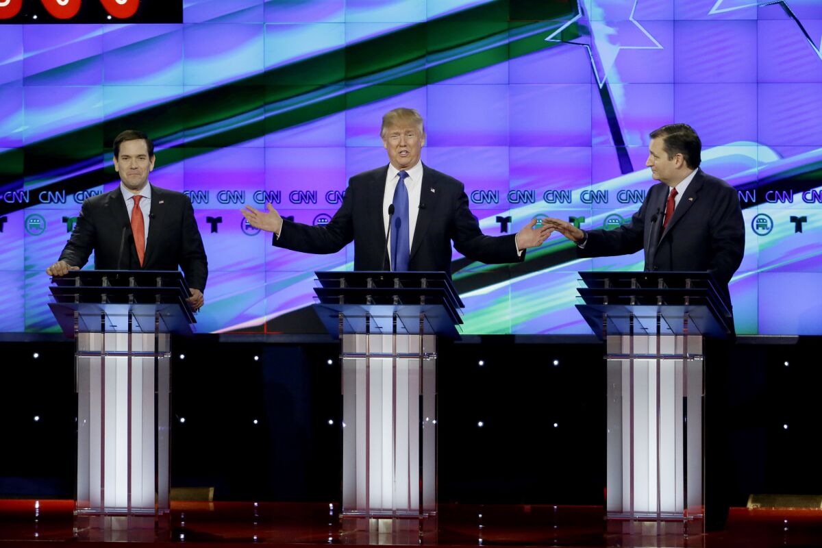 Donald Trump was the target of attacks by Sen. Marco Rubio of Florida, left, and Sen. Ted Cruz of Texas at the Republican presidential debate in Houston on Feb. 25.