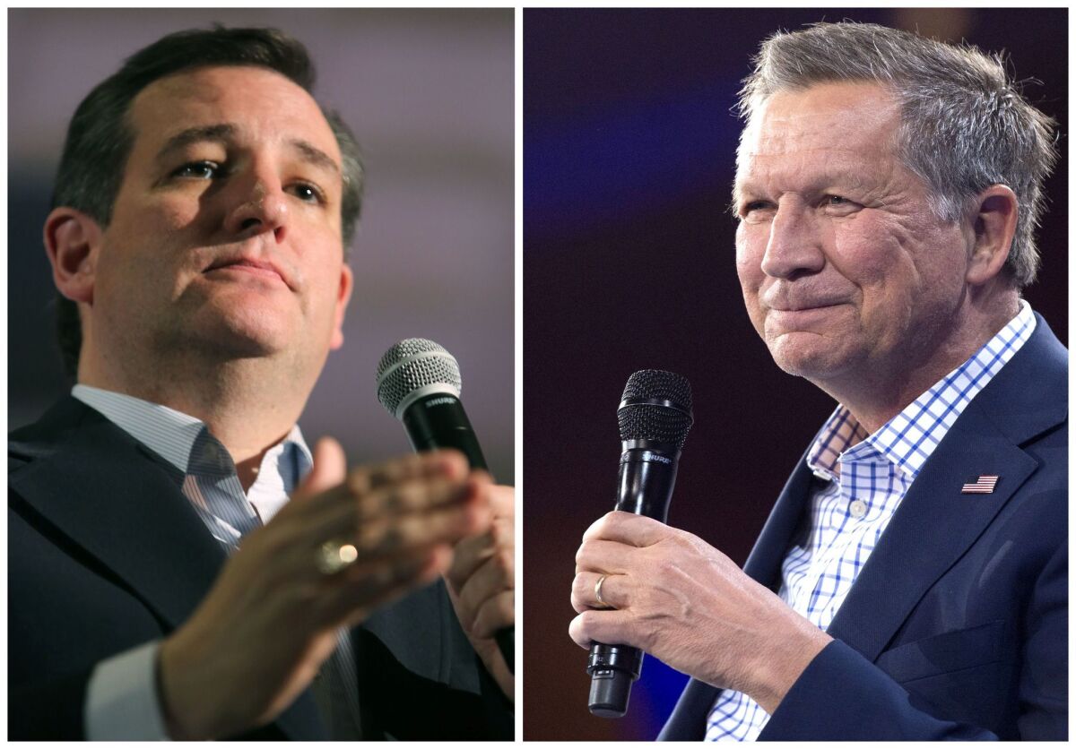 In an effort to stop Donald Trump from winning the GOP presidential nomination, Ted Cruz, left, and John Kasich have formed an alliance in three upcoming primaries.