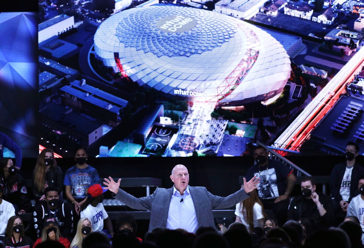 Steve Ballmer speaks in front of an image of the Intuit Dome.