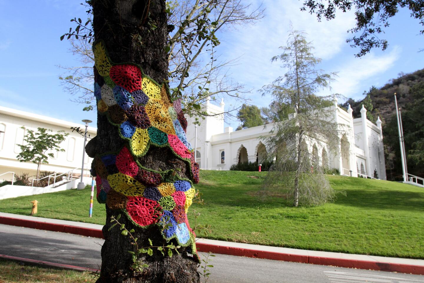 Photo Gallery: Brand Library grounds artistically yarn bombed by knit graffiti movement