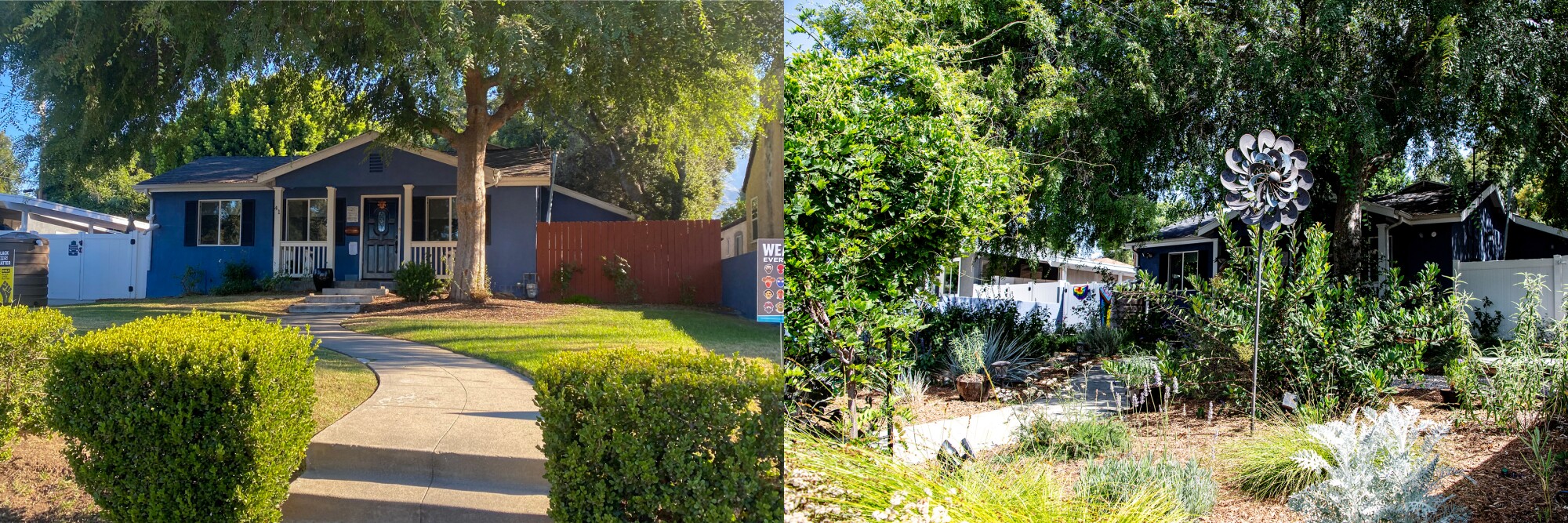 Two photos show a lawn with grass and with native plants 