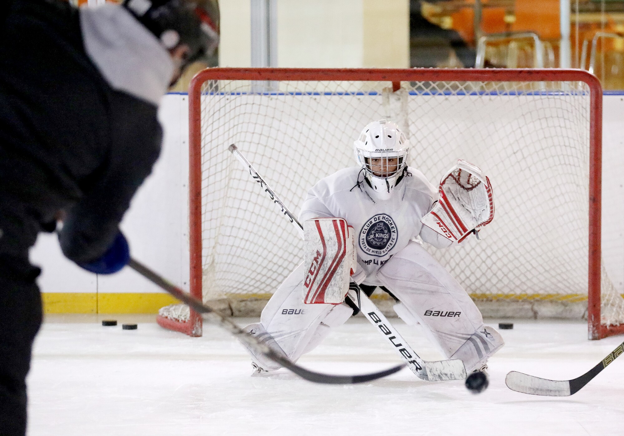 Paulo Arriaga, 10, protects the goal during practice with the Mexico City Jr. Kings youth hockey program.