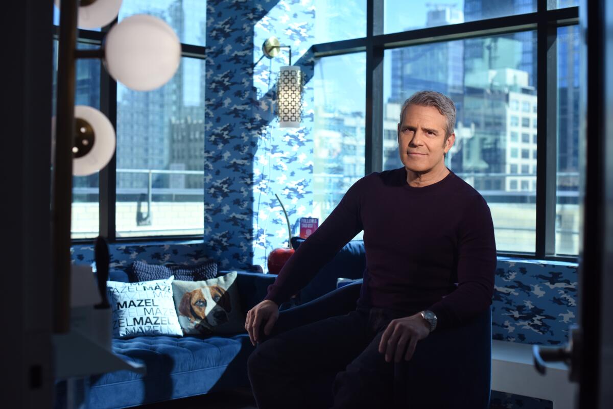 TV host-producer Andy Cohen sits in front of a window with buildings in the background.