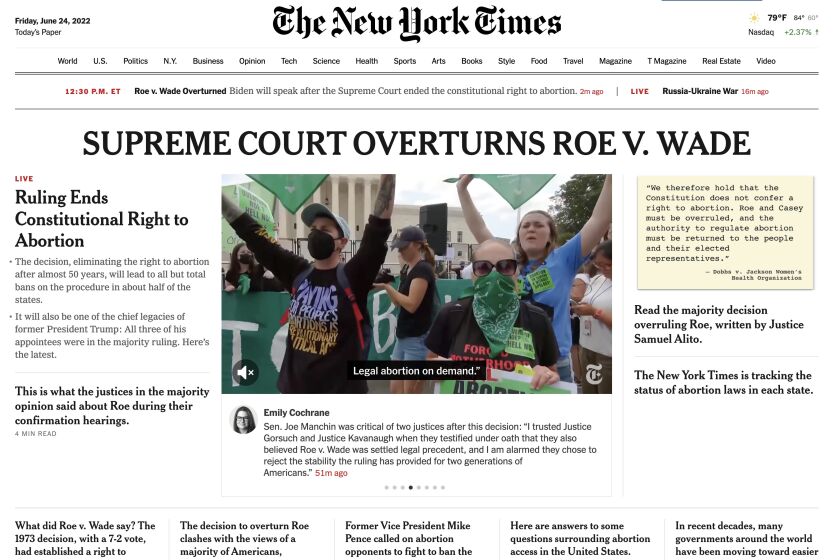 Newspaper Homepages across the country on Friday, June 24, 2022 the day the Supreme Court overturned Roe v. Wade.