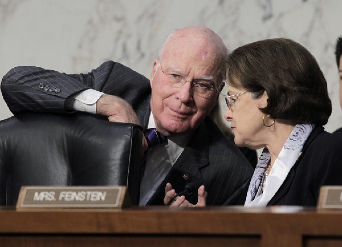 Sen. Patrick J. Leahy, who will remain chairman of the Senate Judiciary Committee, confers with Sen. Dianne Feinstein.