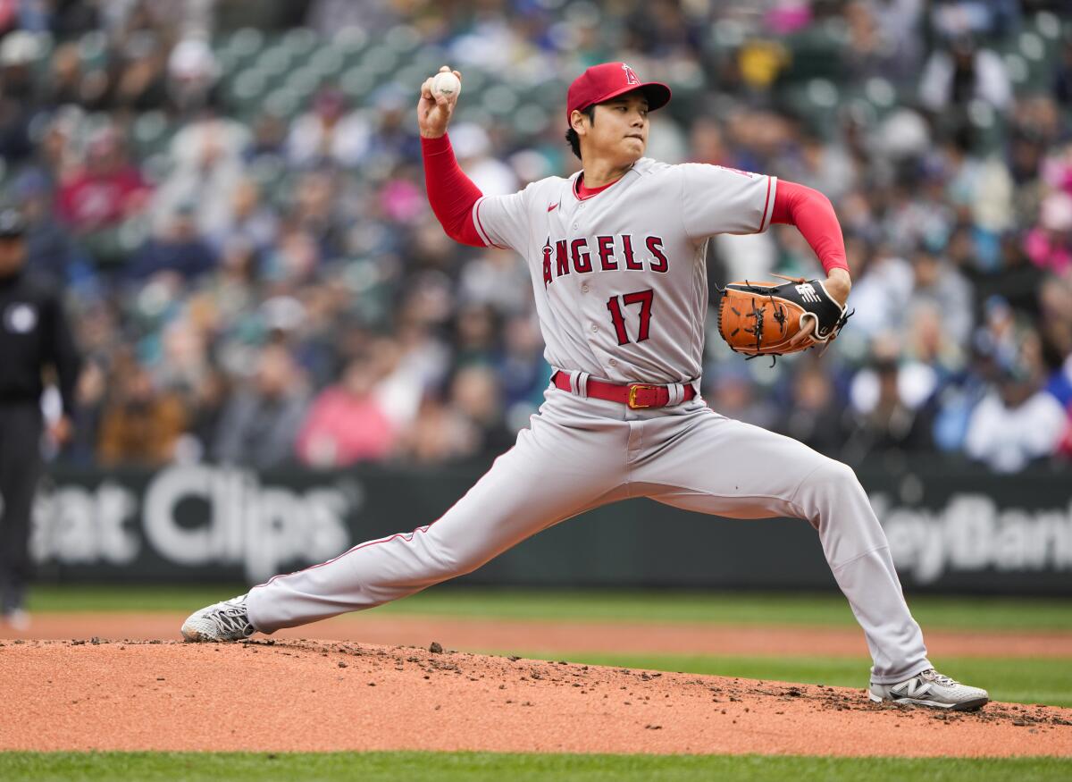 Angels pitcher Shohei Ohtani throws against the Seattle Mariners during the second inning.