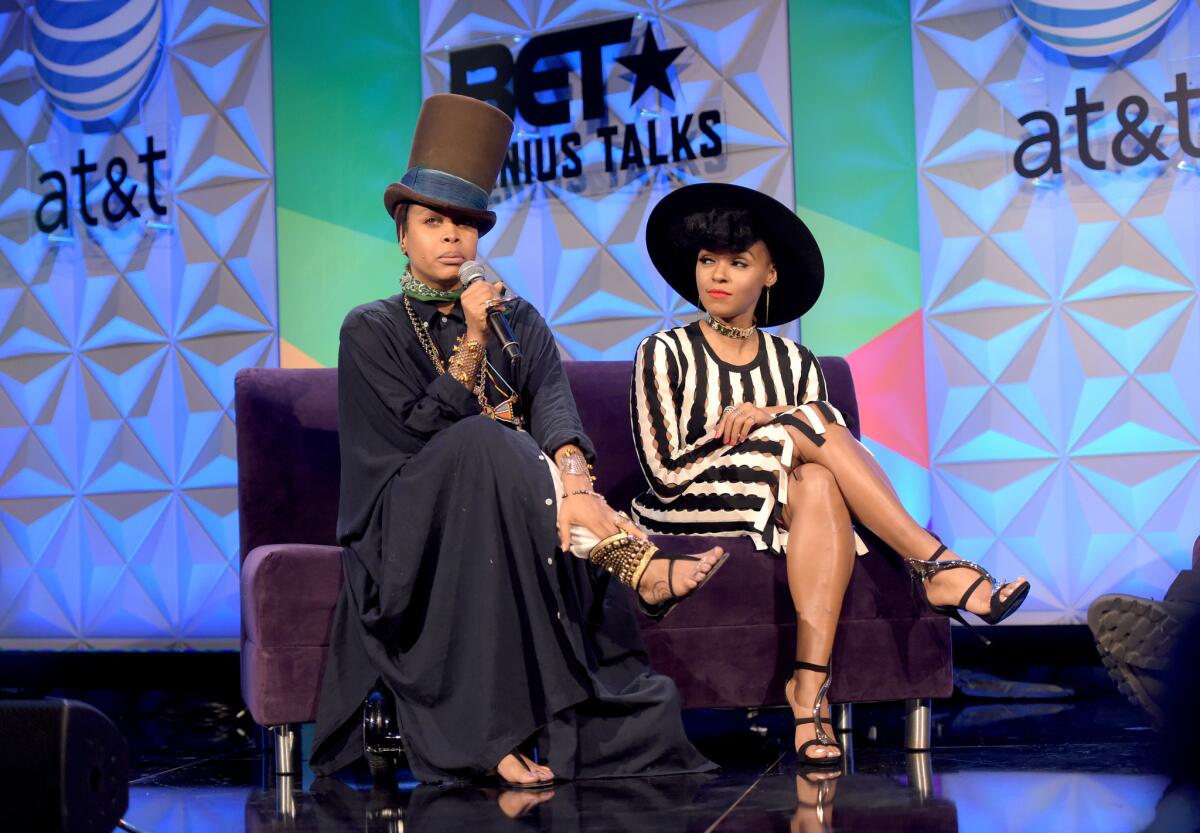 Recording artists Erykah Badu (L) and Janelle Monae speak onstage at the Genius Talks presented by AT&T during the 2015 BET Experience at the Los Angeles Convention Center on June 27, 2015 in Los Angeles, California.