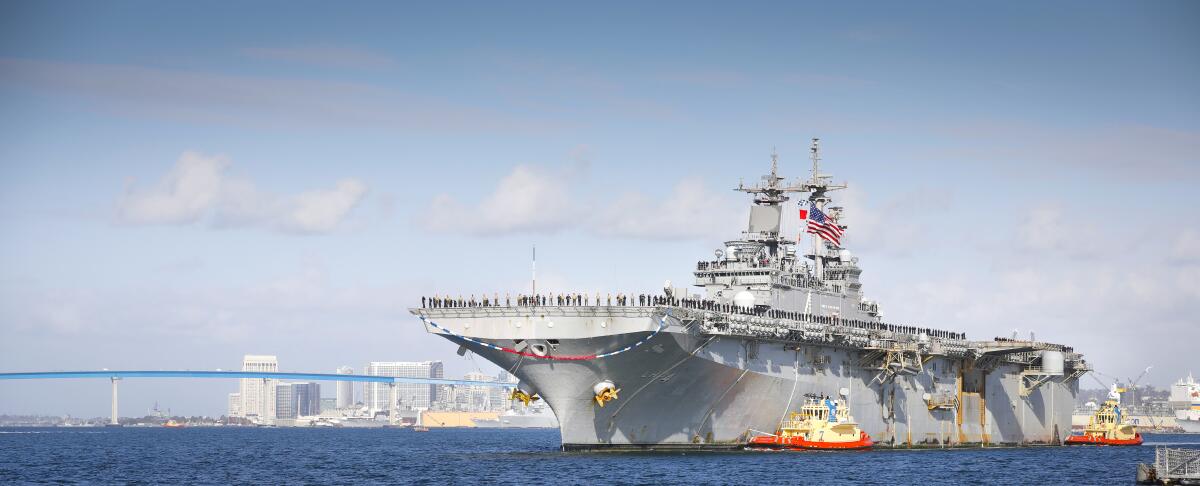 The USS Boxer, the flagship of the Boxer Amphibious Ready Group, arrives at Naval Base San Diego.