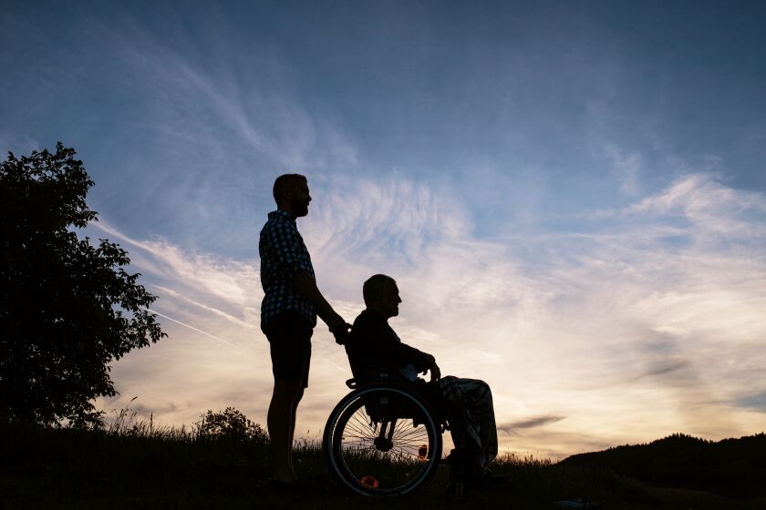 Silhouette of son standing in meadow with father in wheelchair.