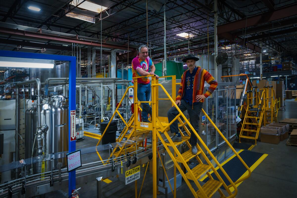 Two men stand in a factory on a bright yellow metal ladder.