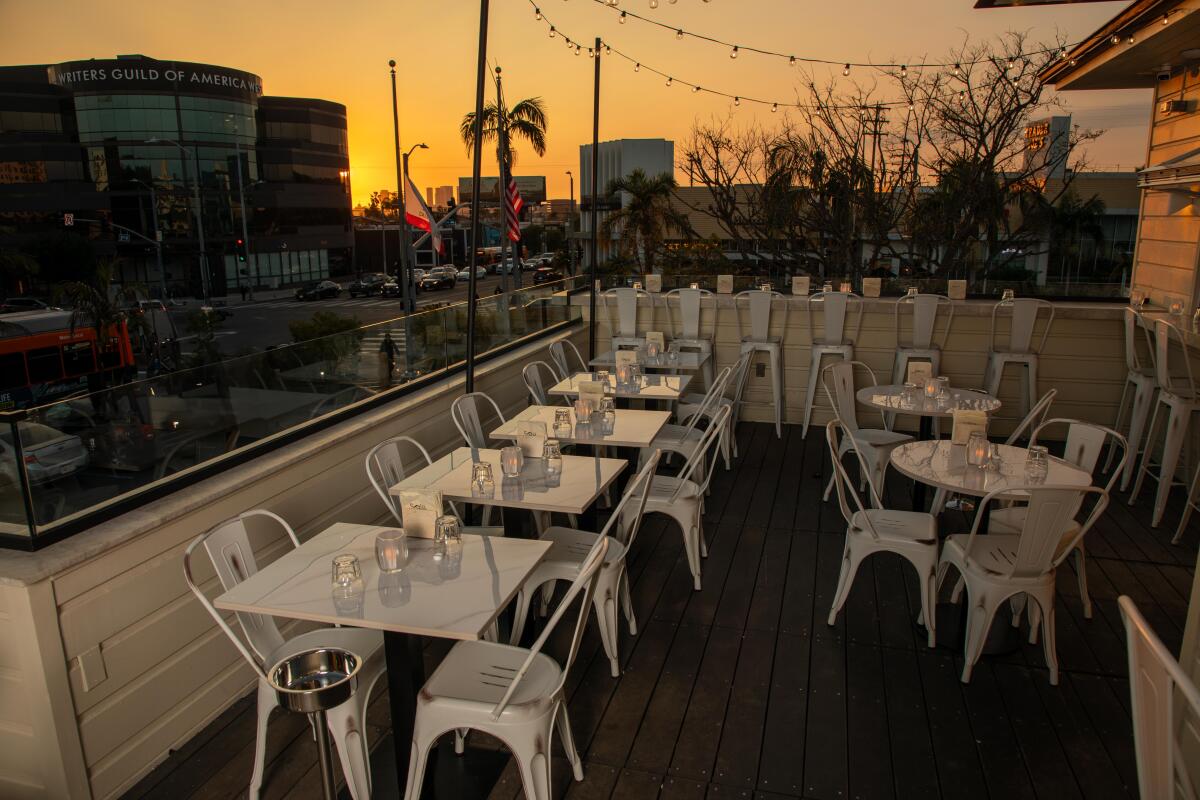 The rooftop space at Sora Temaki Bar during sunset.