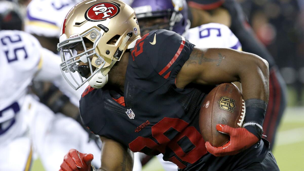 49ers running back Carlos Hyde rushed for 168 yards and two touchdowns in the 20-3 victory over the Vikings on Monday night in San Francisco.